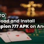Featured image showing a blurred casino background with chips, cards, and roulette for Champion 777 APK installation guide.
