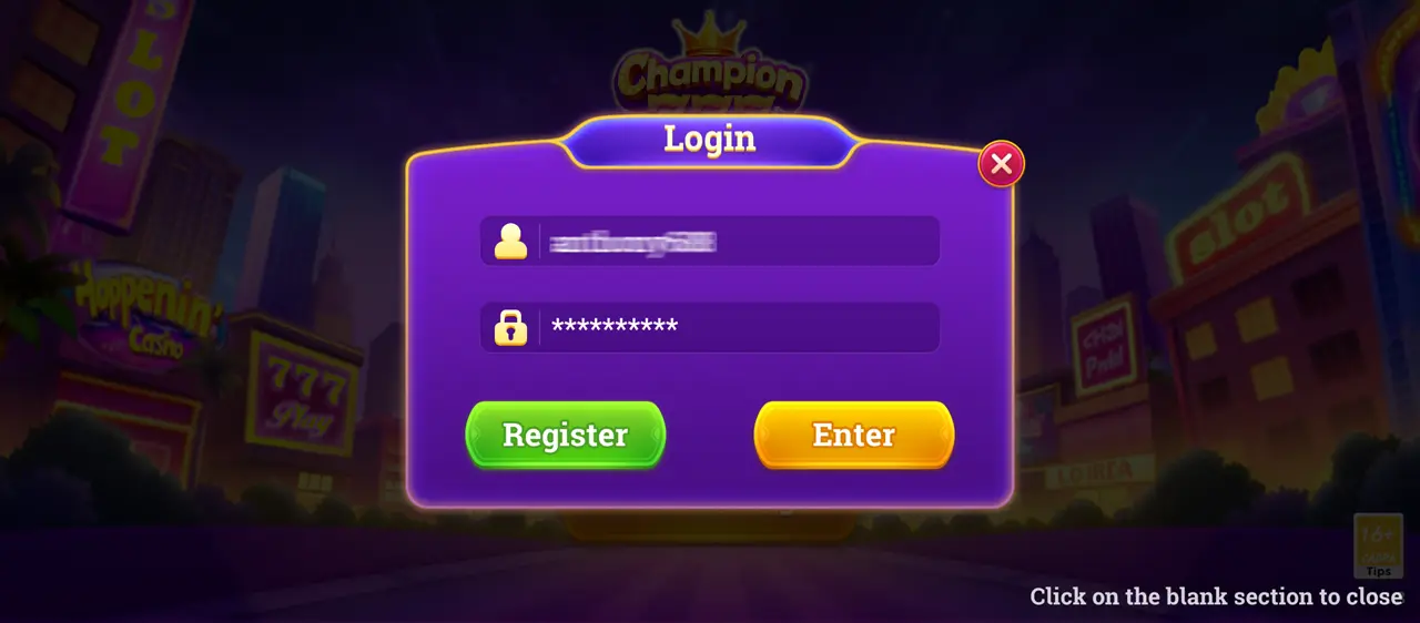 champion 777 login screenshot on android